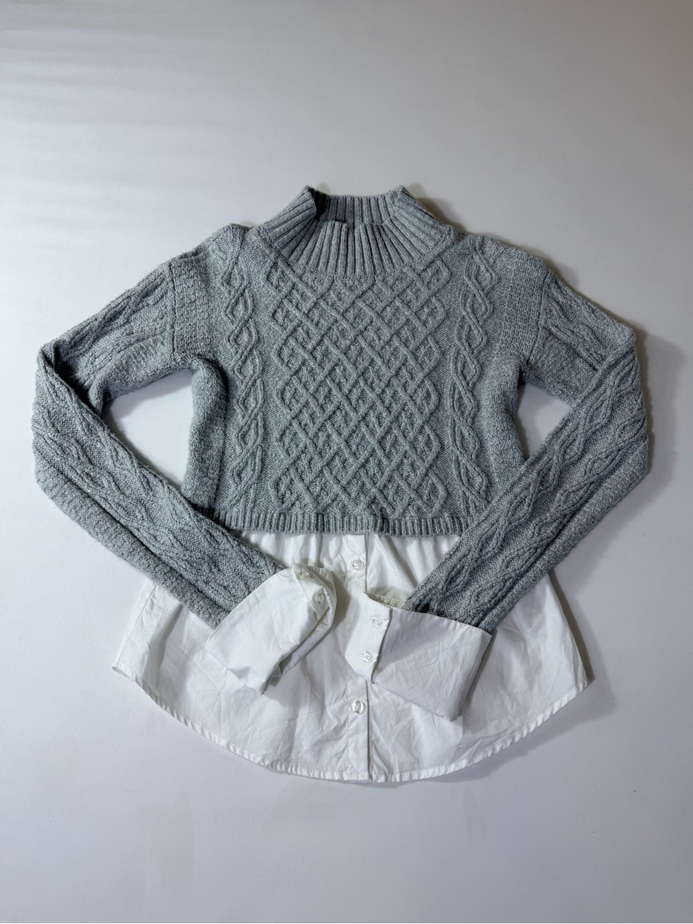 Anthropologie Maeve Cable Knit Layer Sweater  Women XS Gray White Boho Mock Neck